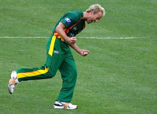 Gerard Denton celebrates one of his three early wickets