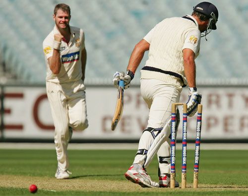 Chris Swan is satisfied after bowling Nick Jewell