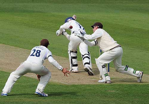 Steven Davies juggles a catch to remove Paul Borrington