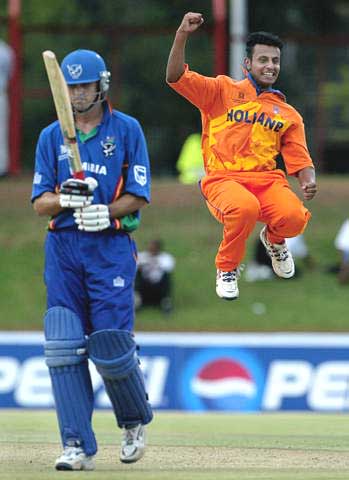 Adeel Raja celebrates after dismissing Namibia's captain Deon Kotze at Bloemfontein