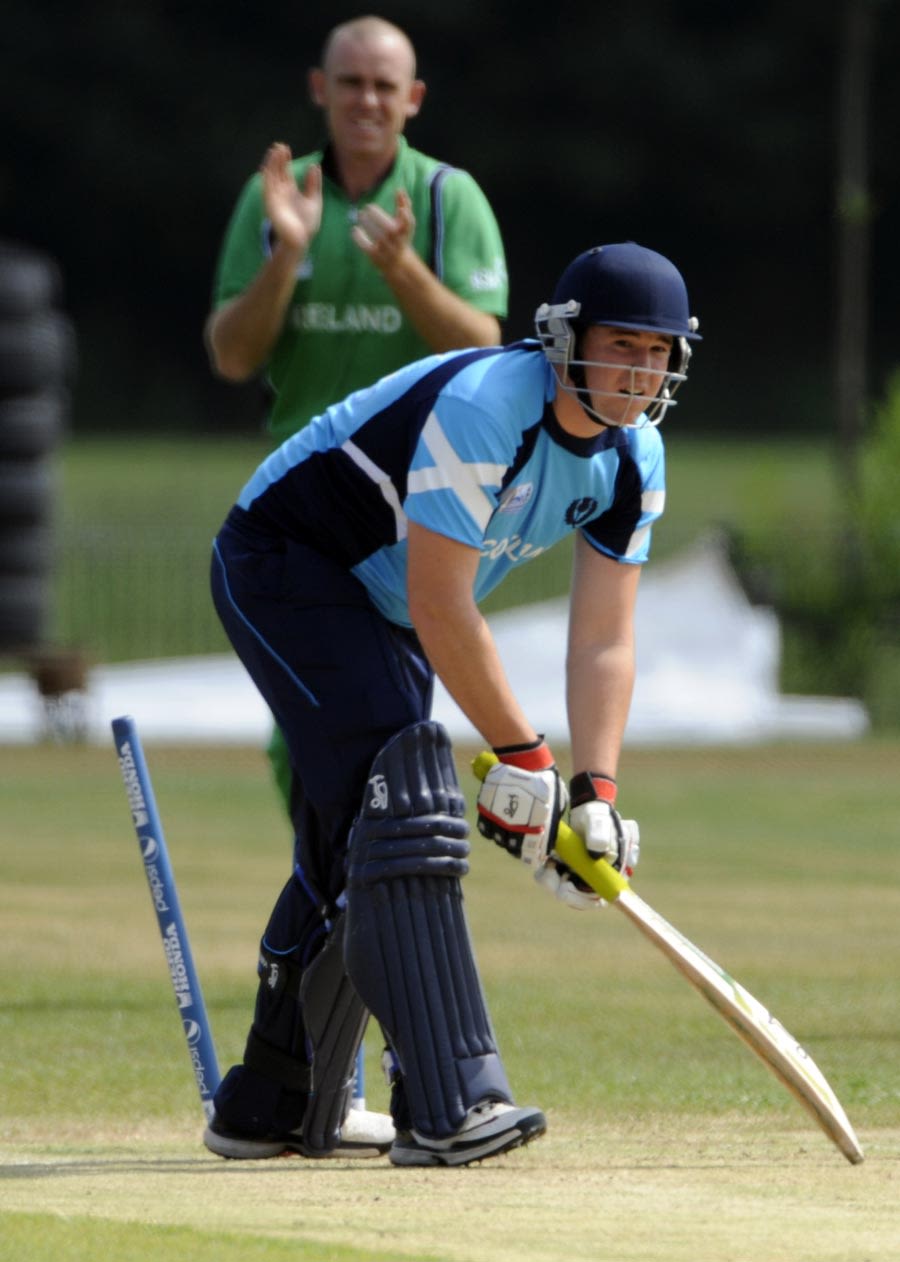 Scotland's Ollie Hairs is comprehensively bowled