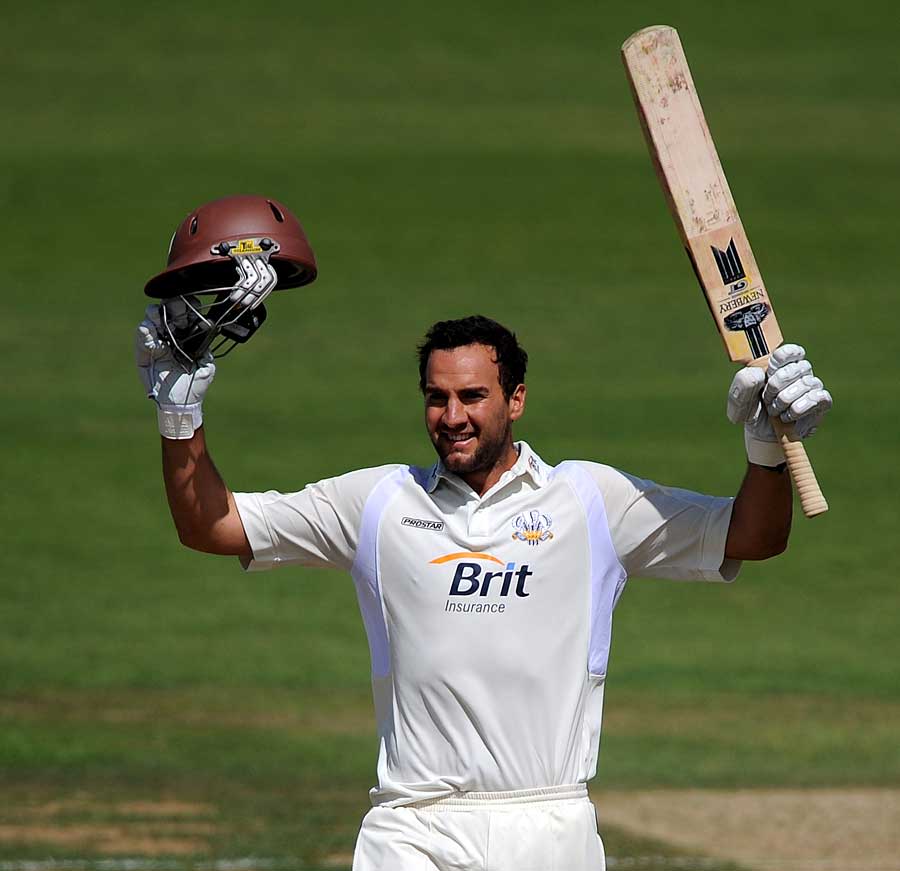 Matthew Spriegel savours his hundred against Northamptonshire