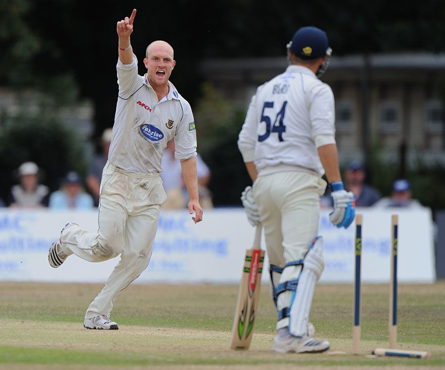 Michael Thornely celebrates uprooting Gareth Berg's middle stump