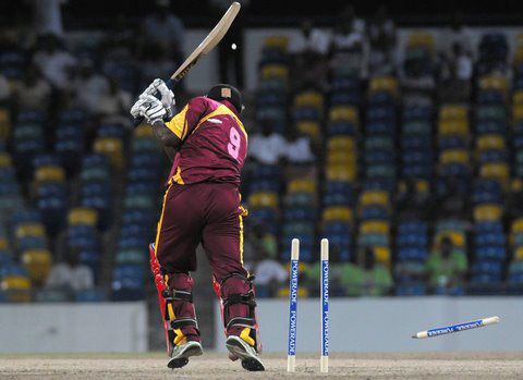 Wilden Cornwall of Leeward is bowled first ball by Krishmar Santokie of Jamaica