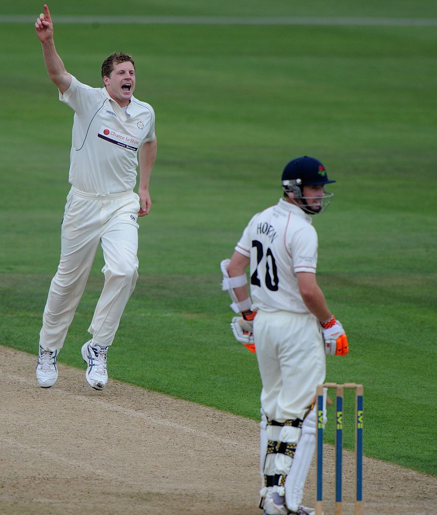 David Balcombe celebrates removing Paul Horton as Lancashire struggled at the Rose Bowl