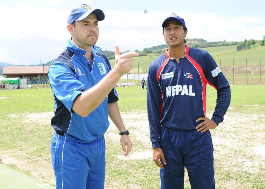 Italy captain Alessandro Bonora and Nepal captain Paras Khadka at the toss ahead of their ICC WCL Division Four match