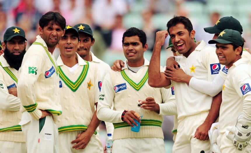 Wahab Riaz celebrates one of his three wickets before lunch on the first day of his debut Test