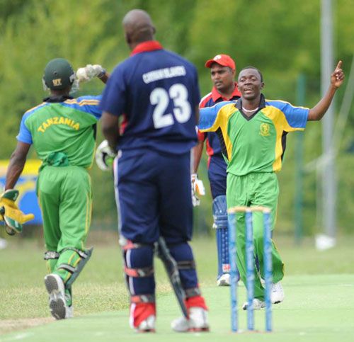 Kassim Nassoro celebrates after trapping Ryan Bovell leg before