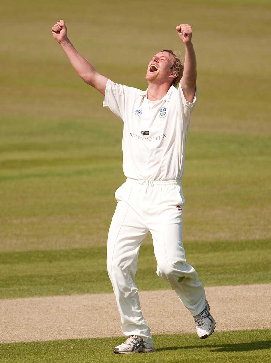 Mark Davies celebrates after Alex Hales was caught behind