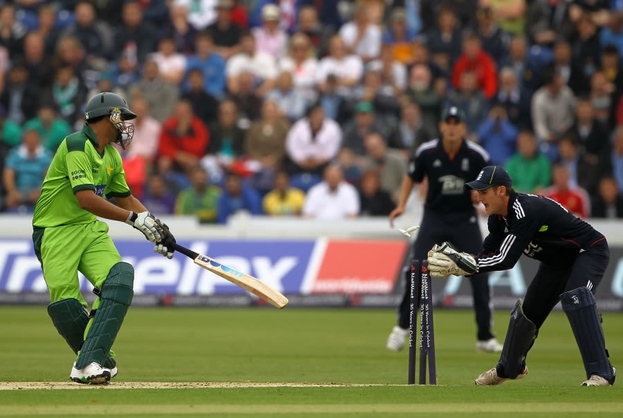Shahzaib Hasan's scratchy innings came to an end when he was easily stumped off Graeme Swann
