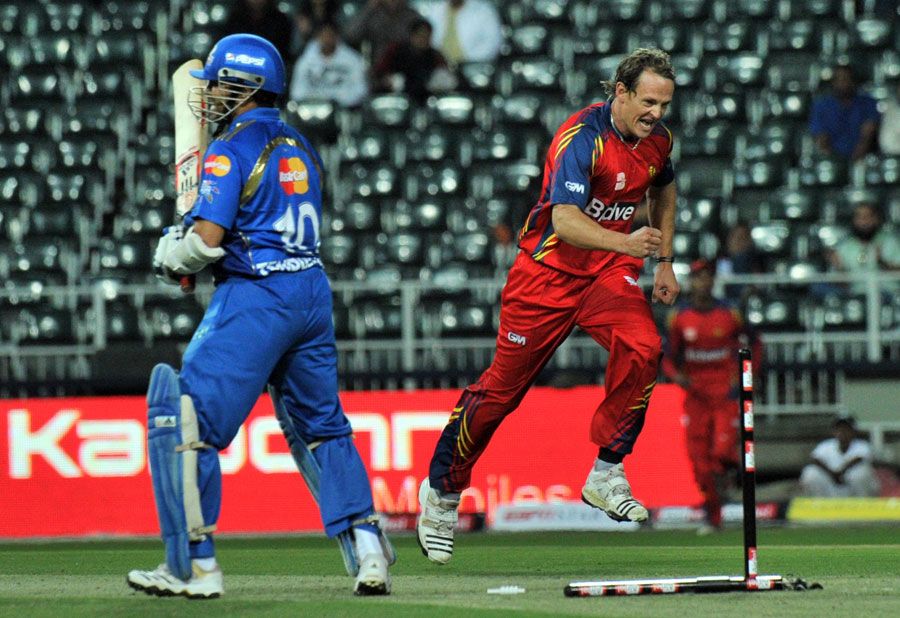 Shane Burger is delighted after dismissing Sachin Tendulkar