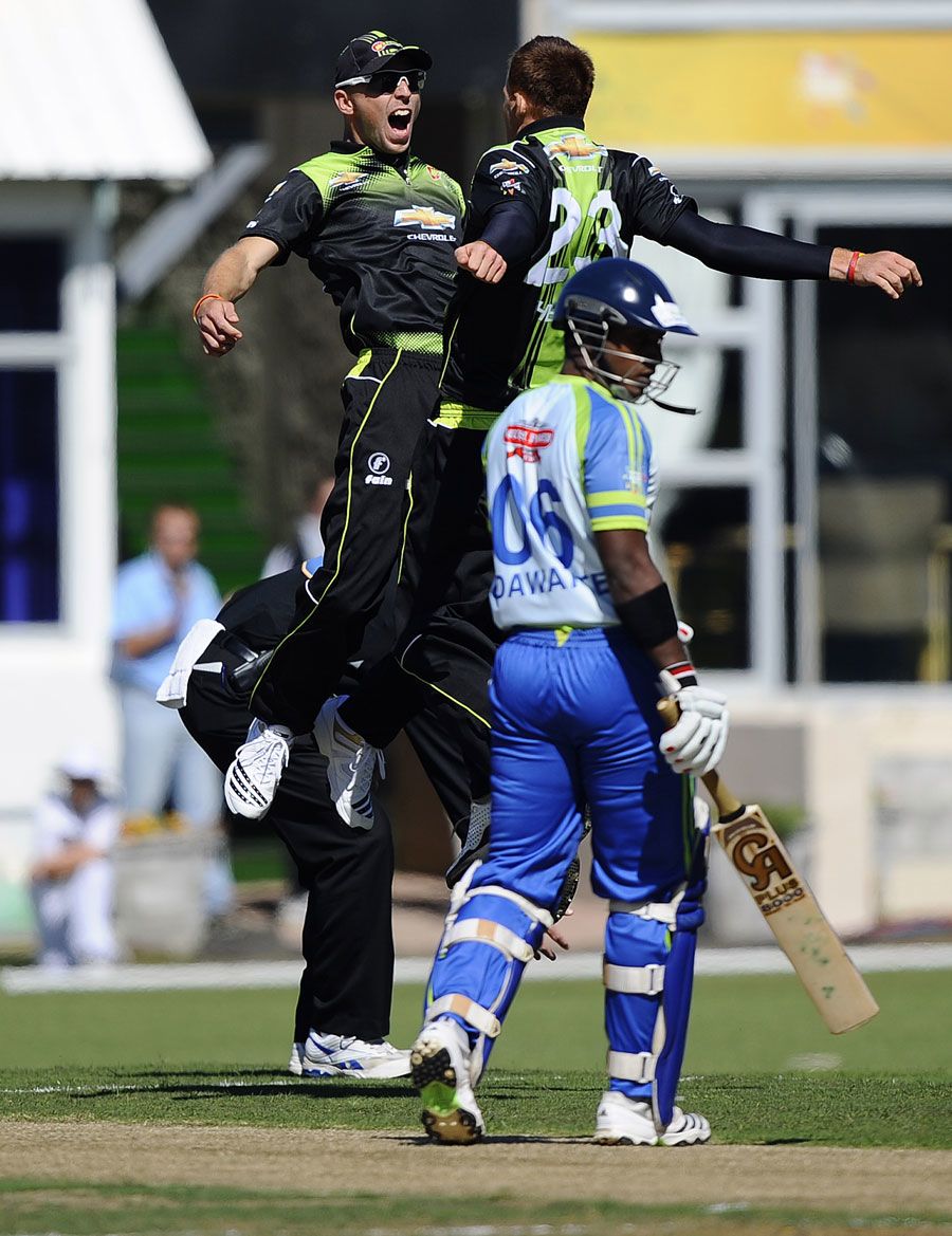 Rusty Theron and Davy Jacobs celebrate the dismissal of Mahela Udawatte