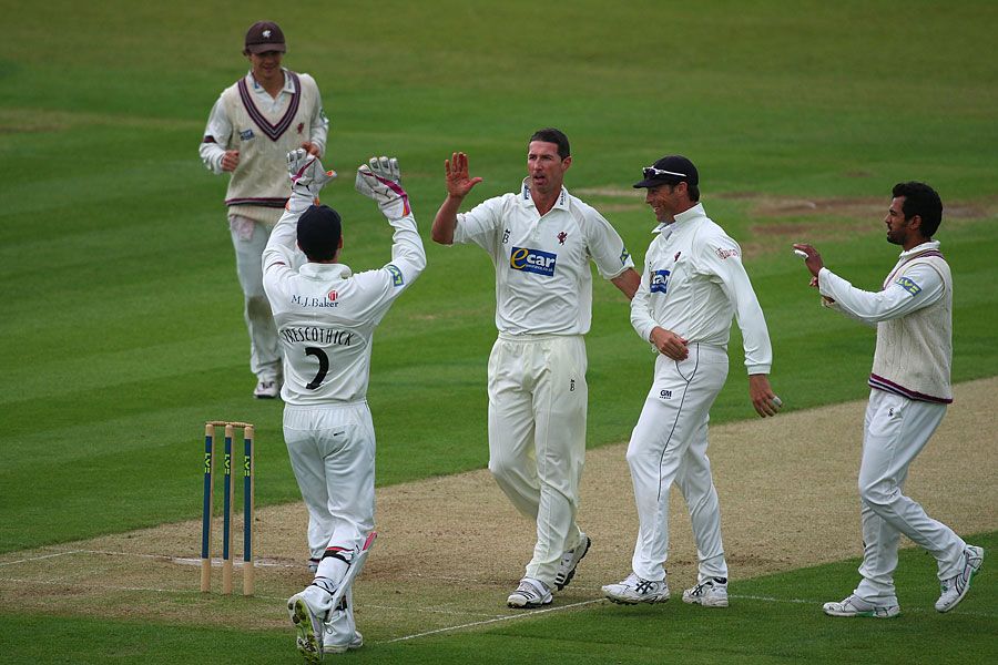 Ben Phillips celebrates after trapping Michael Di Venuto in front as Somerset started well