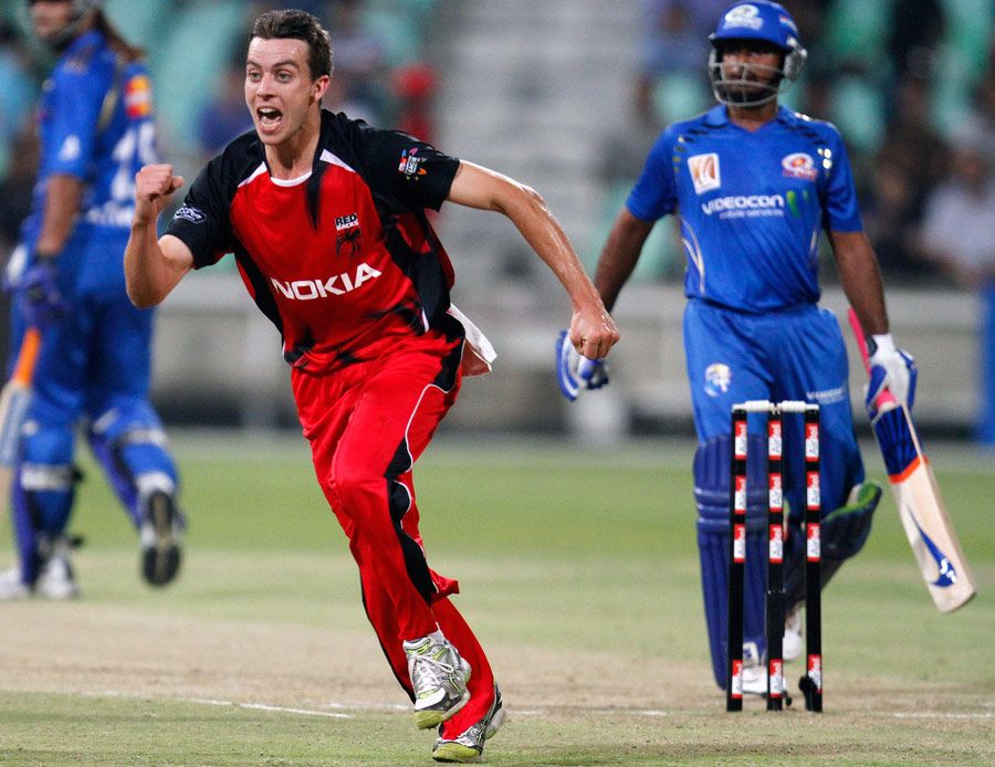 Cullen Bailey celebrates his first Twenty20 wicket
