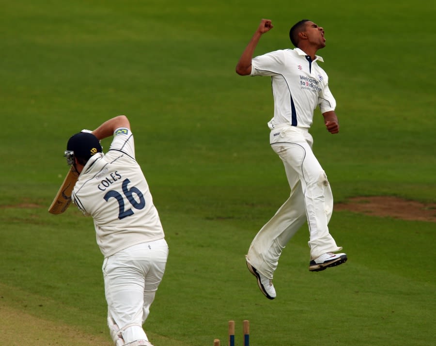 Moin Ashraf celebrates bowling Matt Coles to reach his first five-wicket haul in first-class cricket