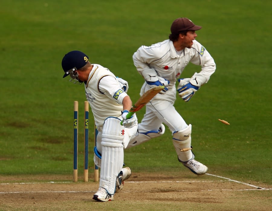 Gerard Brophy is stumped by Geraint Jones to set up James Tredwell's hat-trick against Yorkshire