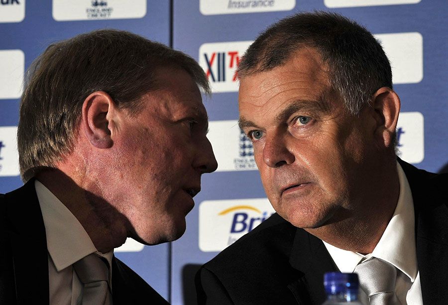 Hugh Morris and Geoff Miller share a quiet word