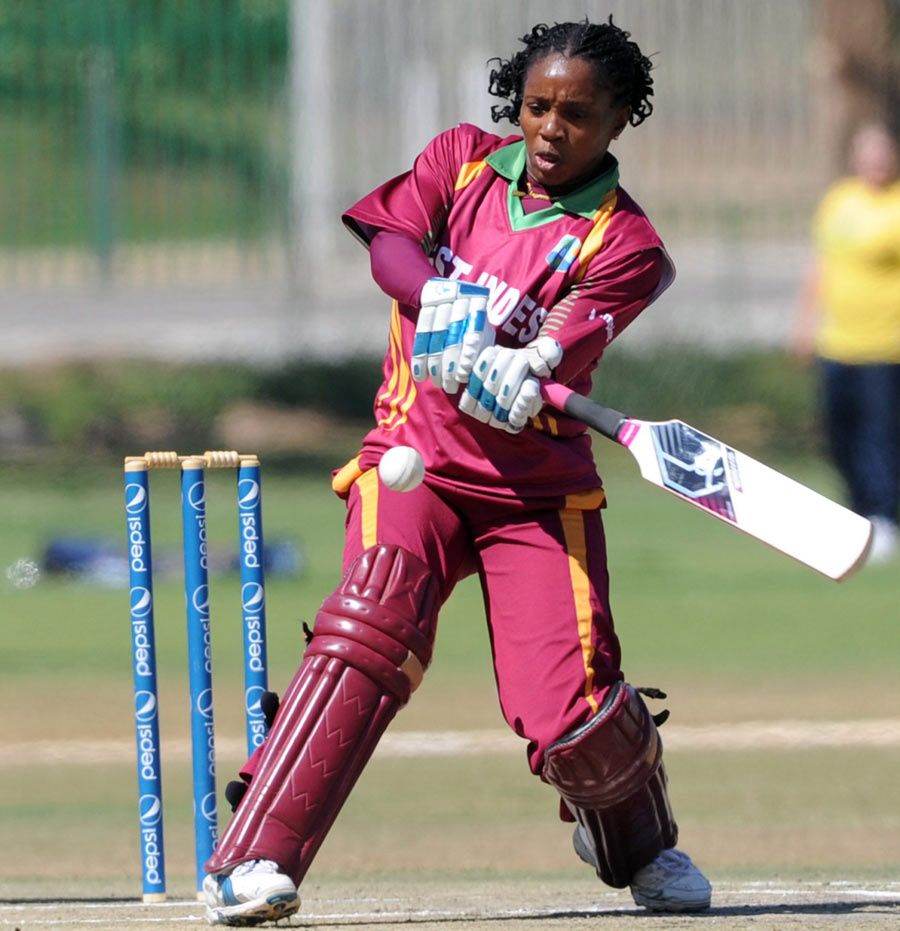 West Indies batsman Stacy-Ann King pulls with her Mongoose bat