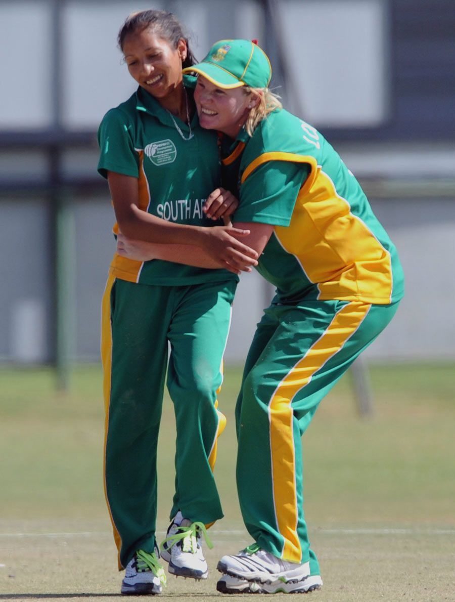 Shabnim Ismail and Sunette Loubser celebrate a wicket