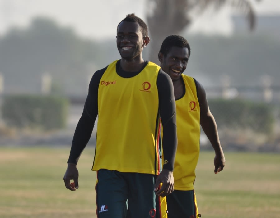 Simpson Obed and Nalin Nipiko warm up before Vanuatu's semi-final against Germany