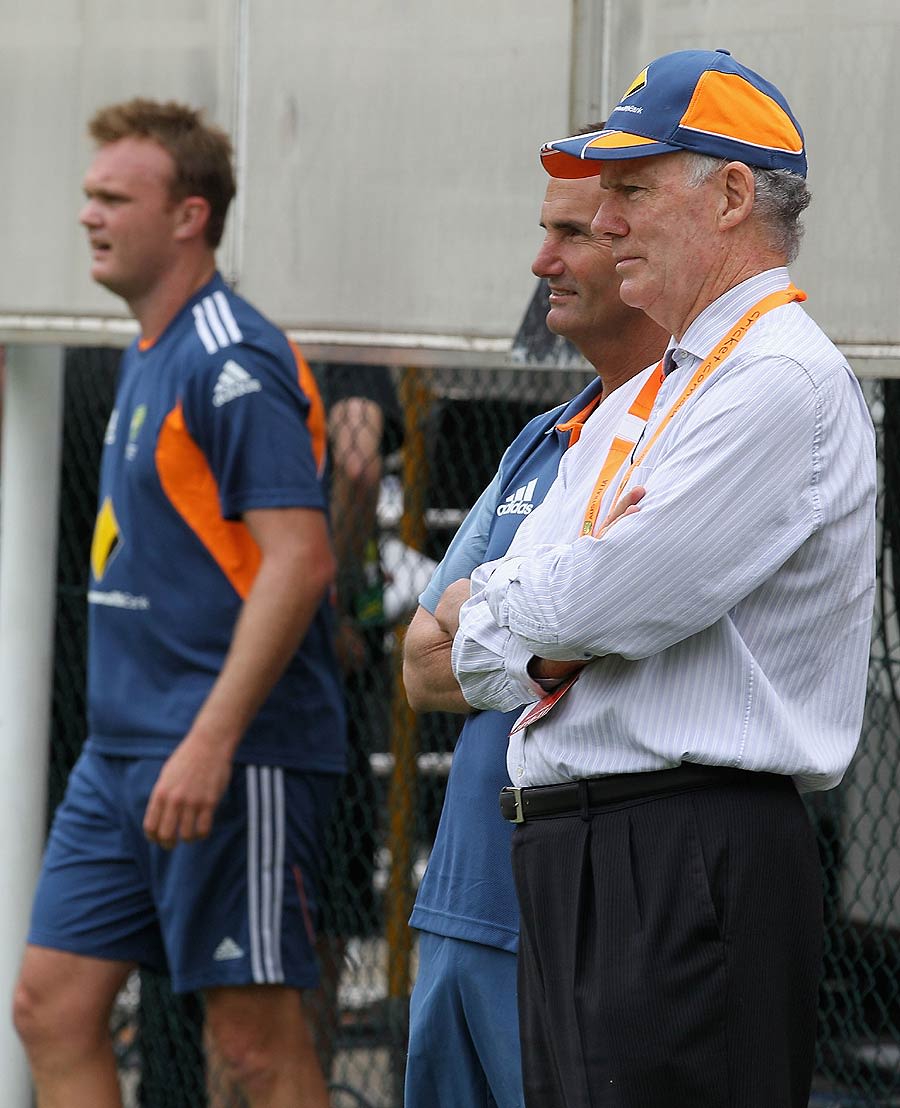 Doug Bollinger, Andrew Hilditch and Greg Chappell at Australia's net session