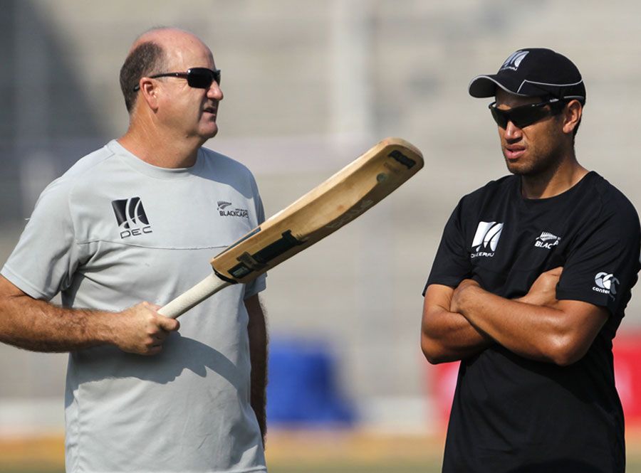 Ross Taylor receives some batting tips from his coach Mark Greatbatch