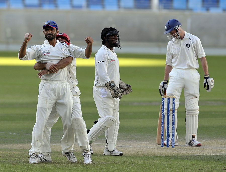 Narwoz Mangal celebrates his catch to remove Gregor Maiden