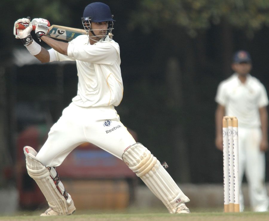 K Vasudevadas plays a square cut during his 99