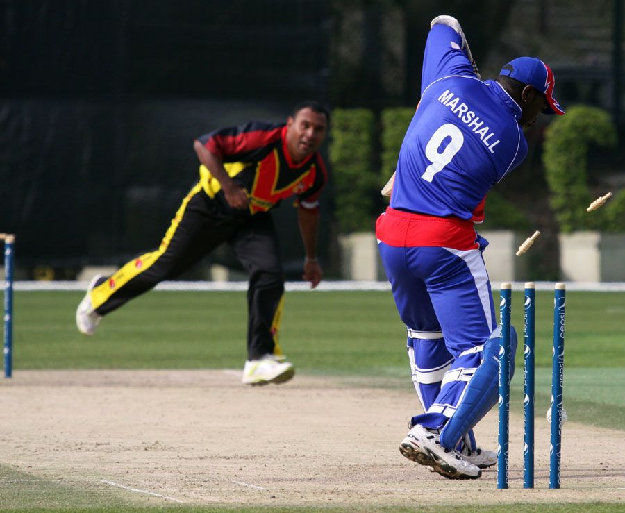 Rarva Dikana hits Rashard Marshall's stumps