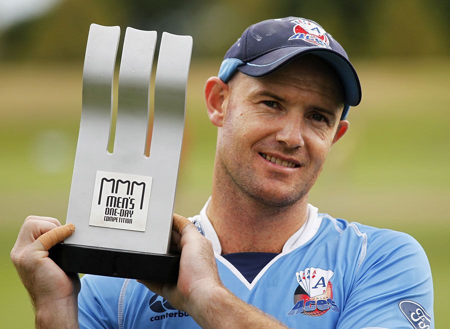 Auckland captain Gareth Hopkins lifts the domestic one-day competition trophy