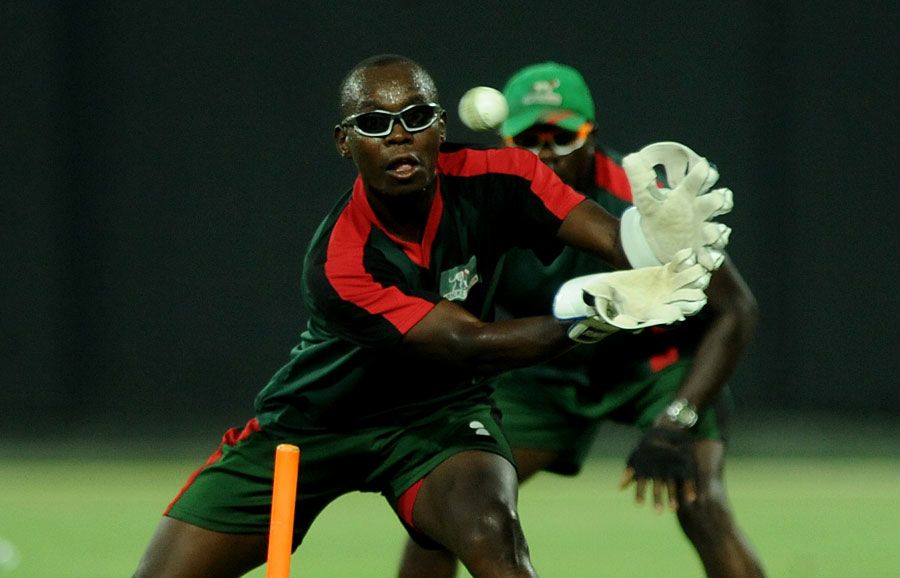 Kenyan wicket-keeper Maurice Ouma practices at the Premadasa Stadium in Colombo
