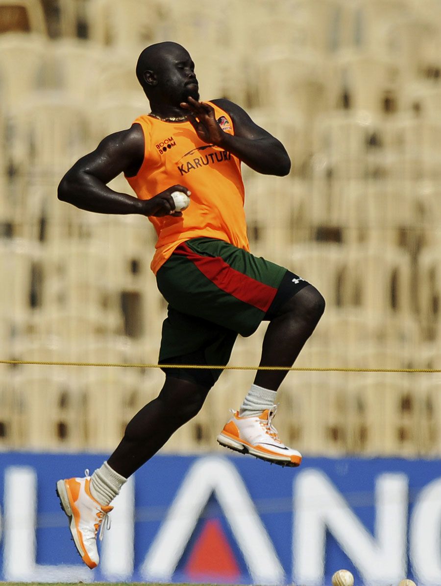 Thomas Odoyo bowls at a training session on the eve of Kenya's opening World Cup match