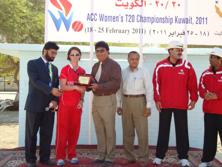 Hong Kong skipper Neisha Pratt accepts her Player of the Match award against Oman at the Acc Women's Twenty20 Championships 2011 in Kuwait