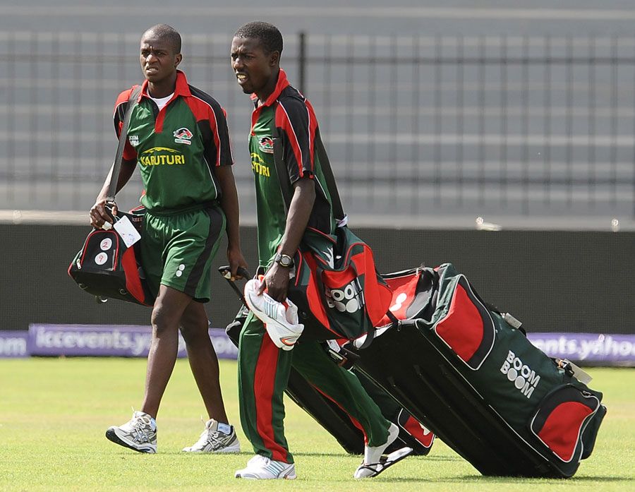 James Ngoche and Jimmy Kamande arrive for Kenya's training session