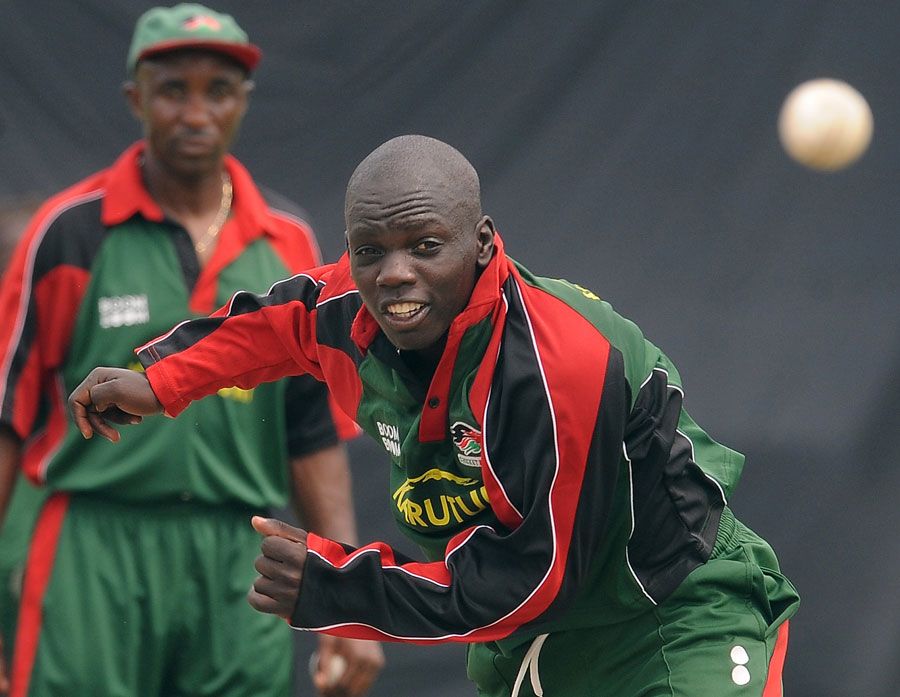 Kenya's Shem Ngoche bowls during a training session at the P Sara Oval