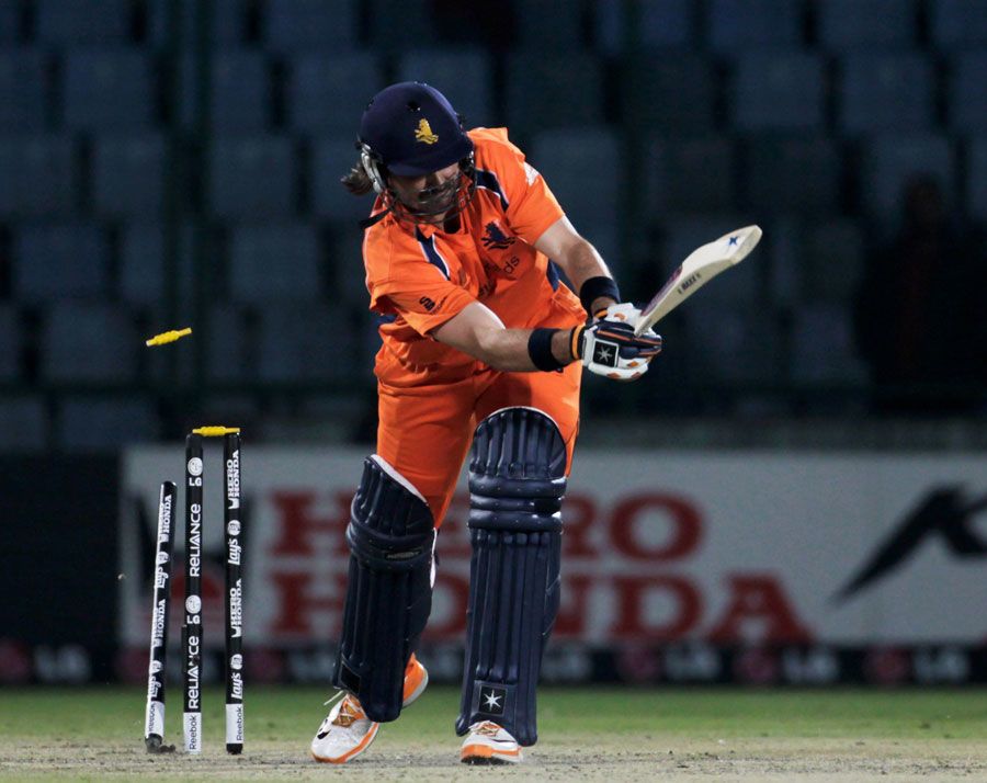 Bas Zuiderent is bowled by Kemar Roach