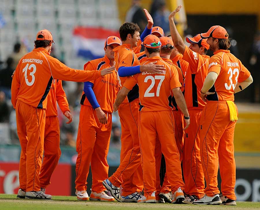 Bernard Loots is congratulated by his team-mates for getting rid of Graeme Smith