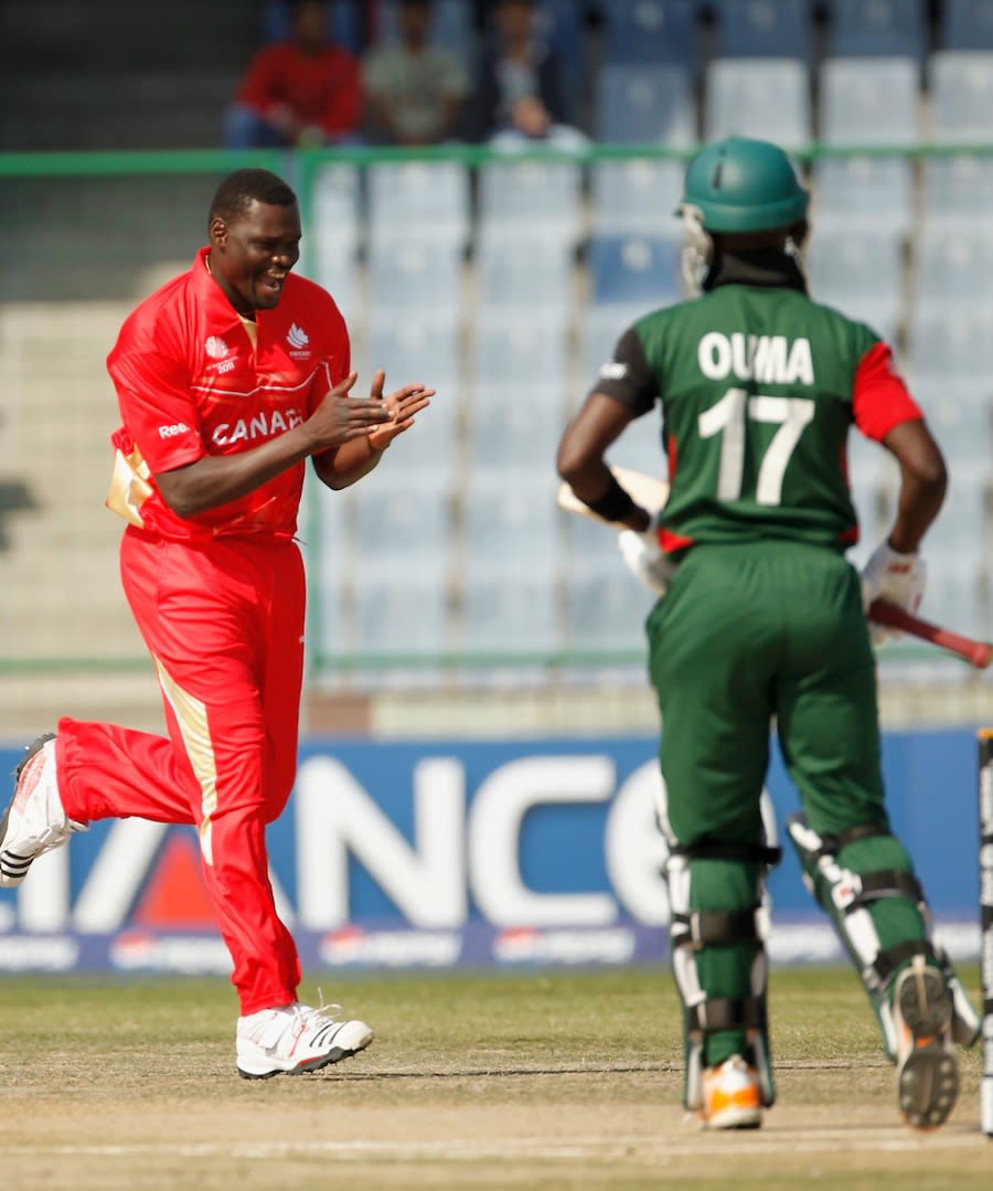 Henry Osinde celebrates Maurice Ouma's wicket