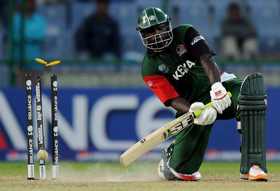 Thomas Odoyo is bowled by a Harvir Baidwan yorker