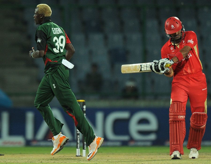Elijah Otieno bowls Rizwan Cheema for 17