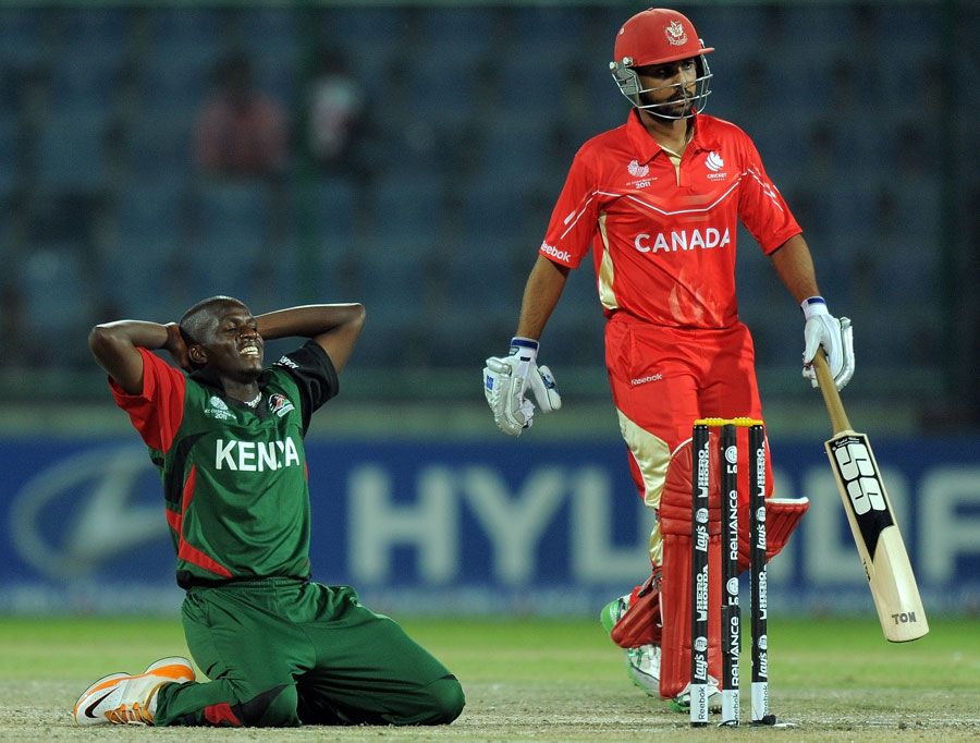 James Ngoche reacts to a dropped catch off his bowling