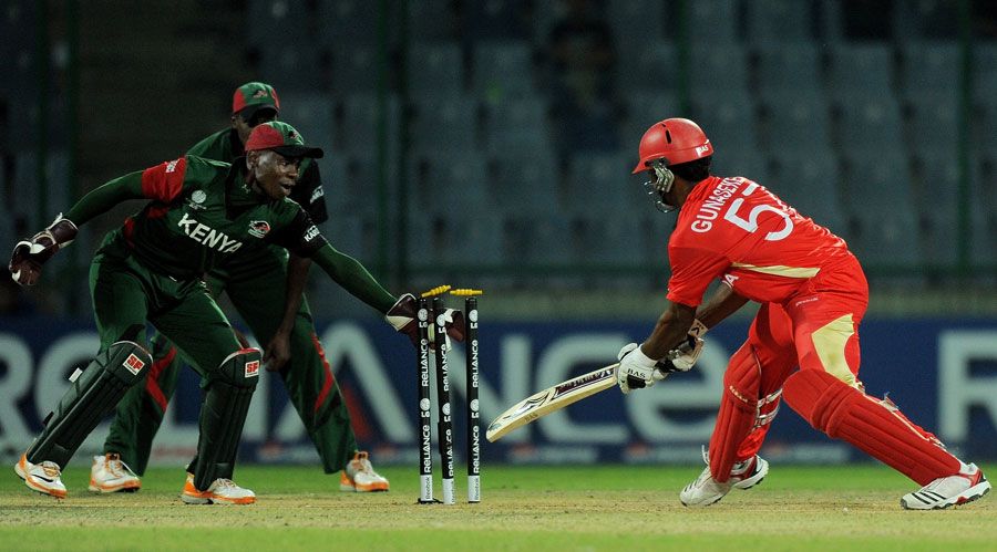 Ruvindu Gunasekera is stumped in bizarre fashion by Maurice Ouma
