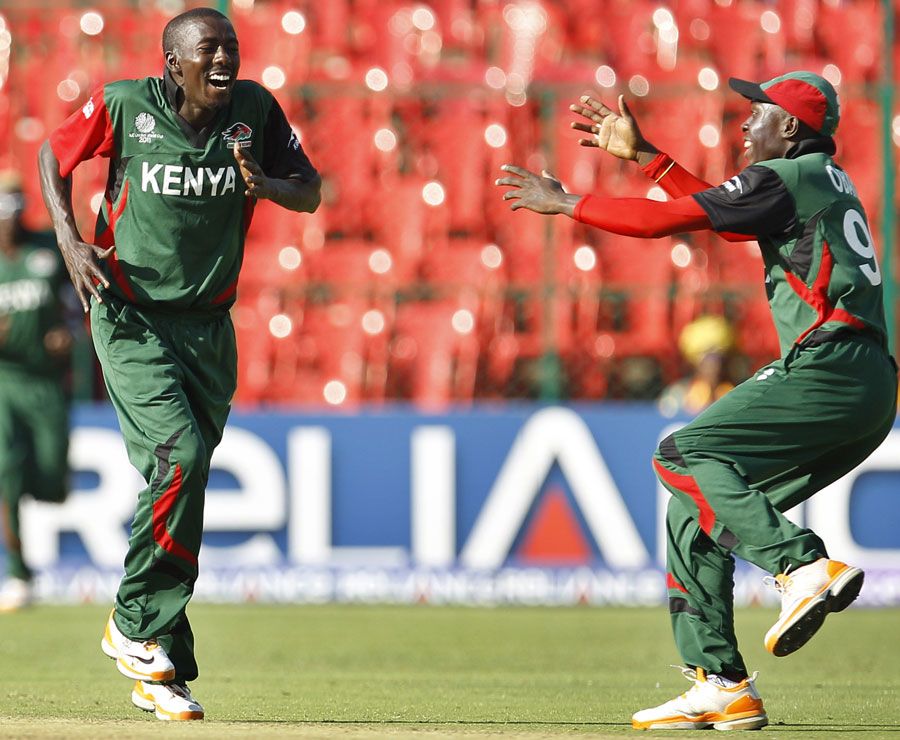 Jimmy Kamande celebrates Cameron White's wicket in unique fashion