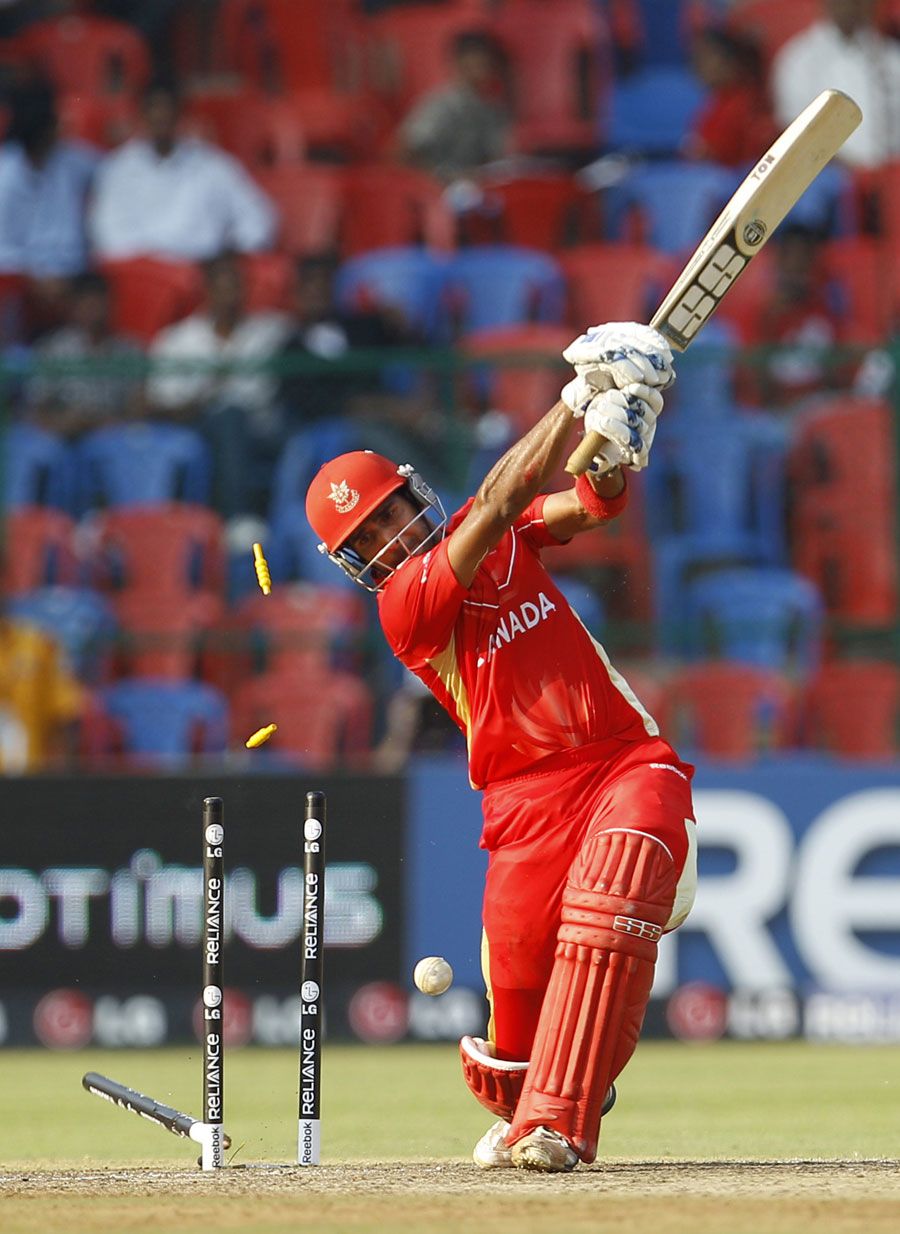 Zubin Surkari edges a fullish delivery from Shaun Tait on to his stumps