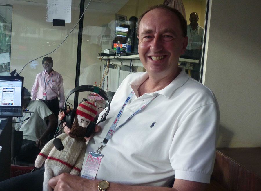 Jonathan Agnew takes a break while woolly WG Grace gets the headset on