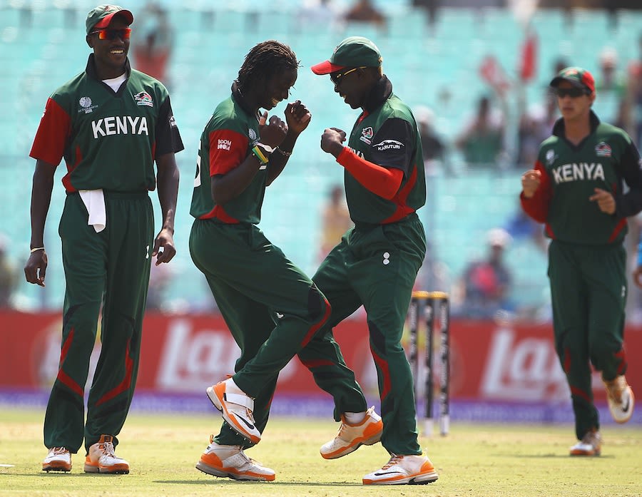 Nehemiah Odhiambo celebrates Regis Chakabva's wicket