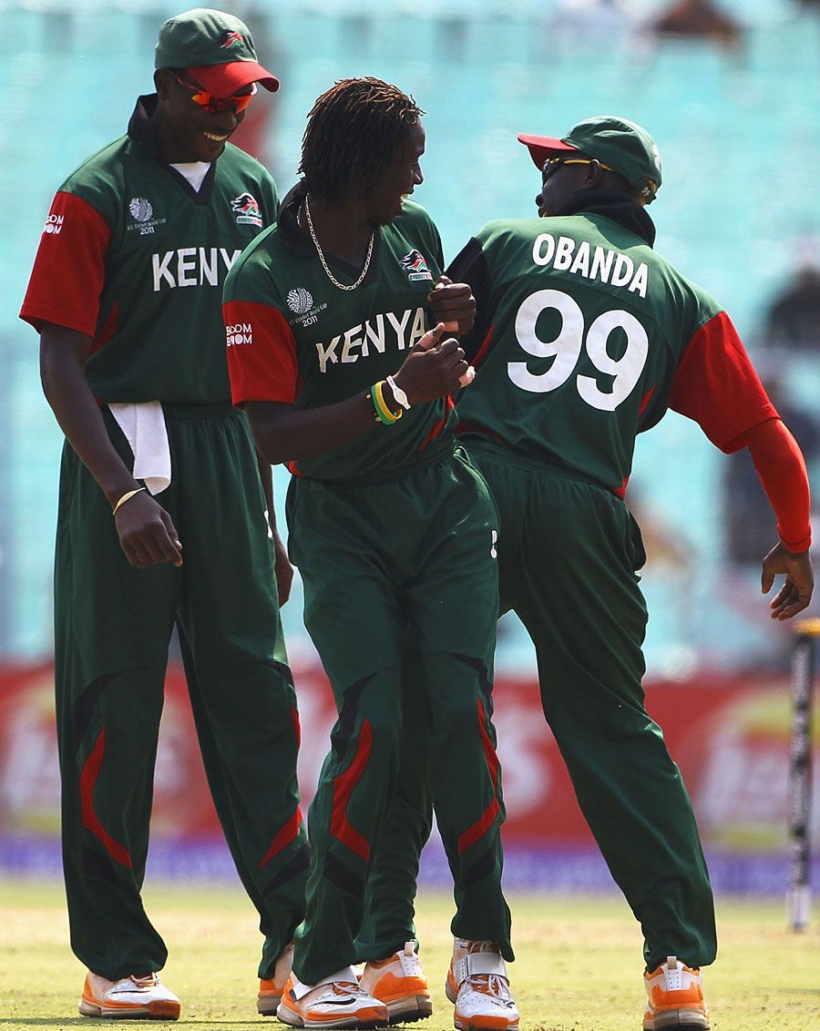 Nehemiah Odhiambo and Alex Obanda with their version of celebrating the fall of a wicket
