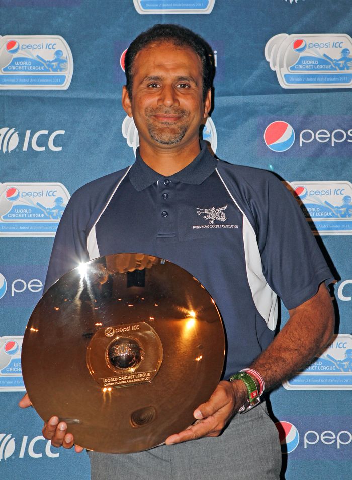 Hong Kong captain Najeeb Amar holds the ICC World Cricket League Division 2 Trophy, Dubai, 7th April 2011