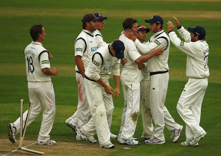Friedel de Wet is congratulated after bowling Nottinghamshire's Alex Hales