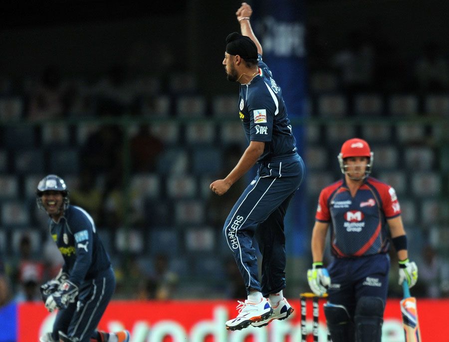 Harmeet Singh celebrates after having Aaron Finch caught behind